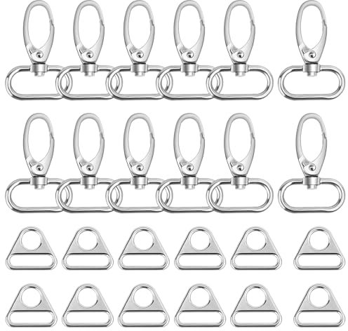 DesertBoy 12 Stück Taschenkarabiner Drehbar 25mm, mit 12 Stück Metall Dreieck Schnallen 25mm, Karabinerhaken für Taschen, Karabiner mit Drehgelenk und D ring für DIY Nähen, Tasche Zubehör (Silber)