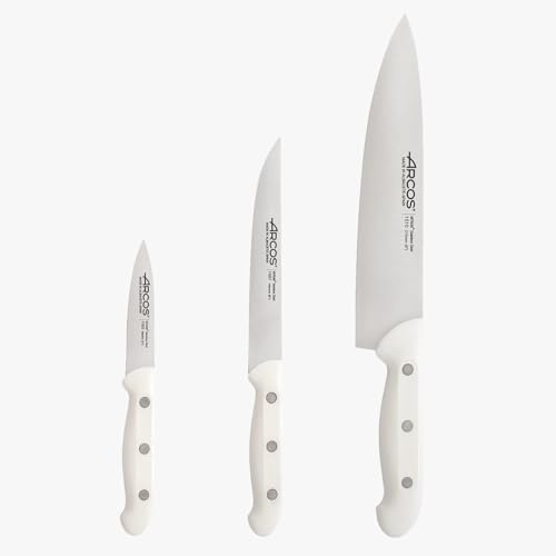 Arcos Serie Artika - Set de Cuchillos de Cocina 3 piezas (Mondador + Cocina + Chef) - Hoja de Acero Inoxidable NITRUM - Mango de Polipropileno Color Blanco