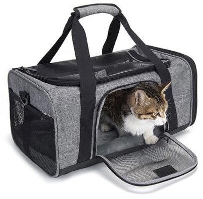 THOYBMO Haustier Rucksack Pet Backpack Kleine Katzen Hunde Reisetasche Belüftung 5 Netzfenster 3 Eingänge Gepolsterte Schulter Tragegurt,Gray