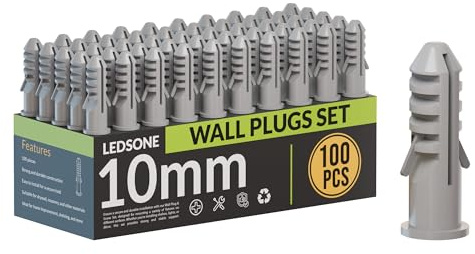 100 st grå väggpluggar 10 mm gipsskivor, råa skruvpluggar plast fisk typ förlängning råpluggar fästen för murverk effektiv montering av TV, speglar skruvar fästkit