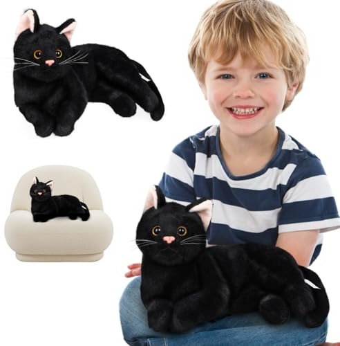 HEMOTON Chat en Peluche Réaliste 29X19X18Cm Jouet Doux pour Enfants Oreiller Chaton Mignon Décoration Maison Cadeau d'anniversaire Halloween