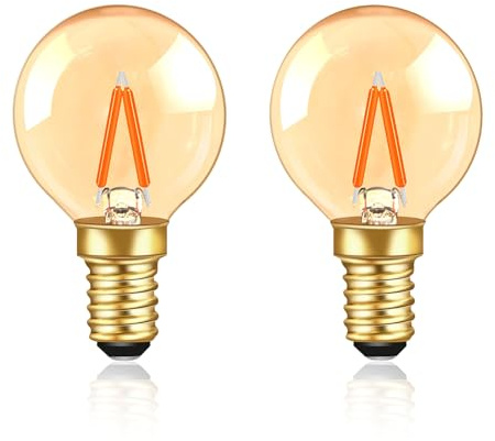 Caldarax Bombilla Edison Vintage E14 G40 LED Filamento 1W 220V, Equivalente 10W, Ambar Blanco Cálido 2200K, No Regulable, Mini Globo E14 Decorativa Iluminación para Hogar, Cafés, Bares, 2 Piezas
