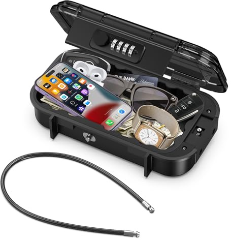 Brifit Portable Safe Box with Code, Waterproof Travel Lock Box, Key Lock Box Combination Security Case, Anti-Theft Mini Safe with Removable Wire Rope, for Beach, Dormitory, Cars, Home, Office (Black)