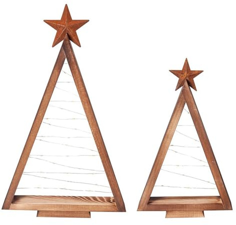 Belupai Albero di Natale in Legno con Luci, Mini Albero di Natale da Tavolo con Puntale a Stella e Decorazione a Triangoli Illuminata