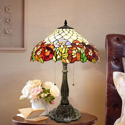 BOTOWI Tiffany Tischlampe Rot Orange Rose Buntglas Tischleuchte 2 Licht Schreibtisch Leselicht 16X16X24 Zoll Antik Blume Lampe Dekor für Schlafzimmer Wohnzimmer Hochzeitszimmer Büro,Rot