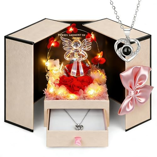 Muttertag Rosen Geschenke für Sie,Ewige Rose Geschenke für Mama,Premium Set mit LED-Beleuchtung Engel Figur mit Kette für Freundin,Romantische Geschenkidee für Muttertag/Valentinstag Jahrestag