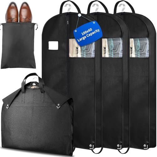 Vautvis Kleidersack Anzug, Kleidersäcke Lang, 3 Anzugtasche Und 1 Schuh Taschen, Kleiderhülle Mottensicher Staubdicht, Kleiderhüllen Für Anzug Und Kleid, Kleidersack Znzug Reise 100 X 60cm