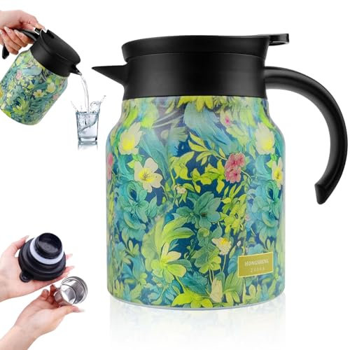 Théière isotherme vintage à motif floral, 1000 ml avec passoire à thé, carafe à café isotherme en acier inoxydable 316, théière isotherme pour la cuisine, la maison et l'appartement