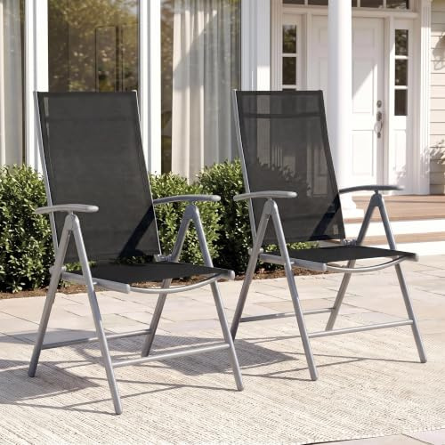 Clevich Gartenstühle Alu 2er Set, Gartenstuhl Hochlehner Klappbar | Balkonstühle 7-Fach Verstellbar bis 120kg, Leicht Campingstühle, Ergonomisch Atmungsaktiv und Wetterfest, Silber Grau