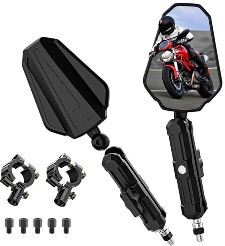 Wolfwill Adventure Motorcycle Mirrors, Motorbike Rearview, 10mm 8mm Screws 7/8 Handlebar, Adjustable Side Mirror Aluminum Clamp Fit for Street Dirt Electric Bike Ebike Scooter ATV Quad, Black