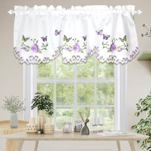 Molaxhome Schillernd Bestickt Scheibengardinen Kurzstores Fenster Valance | Blickdicht Küchengardinen, Kurz Bistrogardine,Bestickt Fenstervorhang ,Küche Vorchänge, Fensterschal ,132x46cm