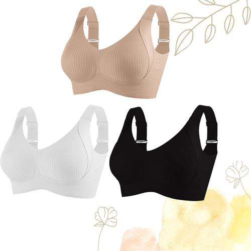 GOOEIC Women's Ribbed Push Up Adjustable Wireless Bra,Super Firming Bra | Wire-Free Push-Up Bra No More Sagging Breasts (3PCS-D,L)