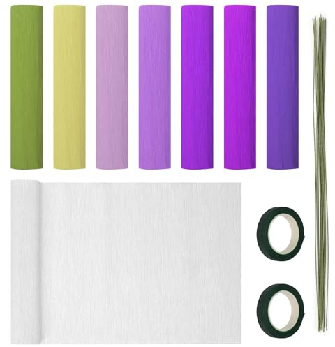 Mardatt 30 Stück Crepe Papier Blume DIY-Kits, 8 Rollen 10 x 98 Zoll Crepe Papier Blätter mit 20 Stück Blumen Draht Stamm, 2 Rolle Blumen Band 8 Farben lila Serie