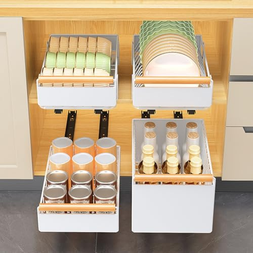 Teller Organizer Schrank Tellerhalter Schublade, Teleskopschublade Ausziehbare Schubladen KüChe Schrank Organizer, Ausziehbar Schrankauszug Mit Abnehmbarer Abtropfschale, Kein Bohren, 24x38x19.5cm