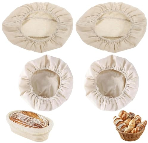 4 Stück Leinentuch Brot Backen, 25cm Leinentuch Mit Gummibund, Brot Gärkorb Rund Gärkörbchen Oval, Bäckerleinen Brotkorb Stoff, Brotbackzubehör für Brot Gärkörbchen Gärkorb, Proofing Cloth For Bread