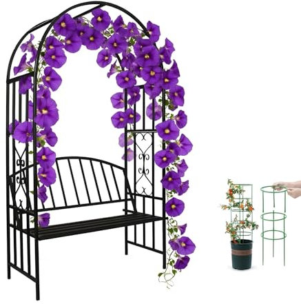 Prunkwinde Torbogen Rankhilfe Rosenbogen Mit Bank, Robustes Metall Stabil Gartenbogen Pergola, Kletterpflanzen Rosen Rankgitter Spalier, Rankgitter Spalier Hochzeit Garten Balkon(Black)