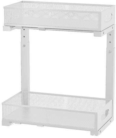 Crevyteg Organiseur de rangement sous évier, étagère de rangement coulissante en métal à 2 niveaux pour cuisine, salle de bain, comptoir, blanc