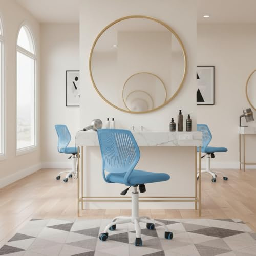 FurnitureR Friseurstuhl ergonomischer Drehstuhl ohne Armlehnen, höhenverstellbar, Netzrückenlehne, Metallfuß mit Rollen, 38x40cm Sitz, belastbar 130kg, für Salon & Spa, Blau