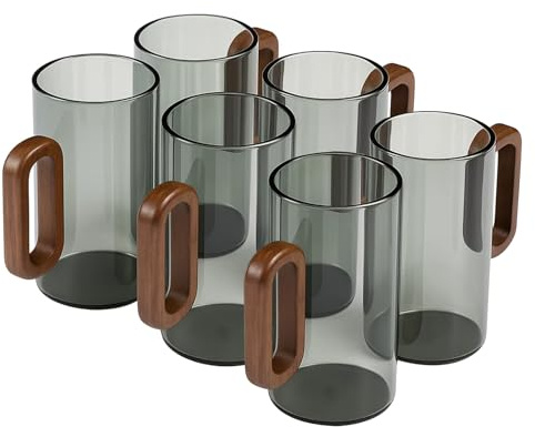 ANYVOYAGE Set of 6 Glass Water Cups with Wooden Handle, 360ml Heat Resistant Smoky Blue Drinking Glasses for Tea, Coffee & Cold Beverages, Modern Household Living Room Cups