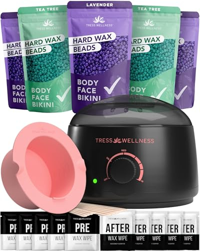 Tress Wellness Waxing Kit for Sensitive Skin – Safe for Face & Skin, Prep & Aftercare Wipes, Easy to Use – At-Home Kit for Face, Bikini, Brazilian & Full Body - Midnight Rose, No Display