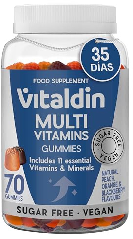 VITALDIN Gommes Multivitamines Adultes Sans Sucre - 70 gommes | Gummies Véganes sans Sucre avec Vitamines A, C, D, E, B6, B12 et Biotine; pour Femme et Homme; Goût Pêche, Orange et Mûre.