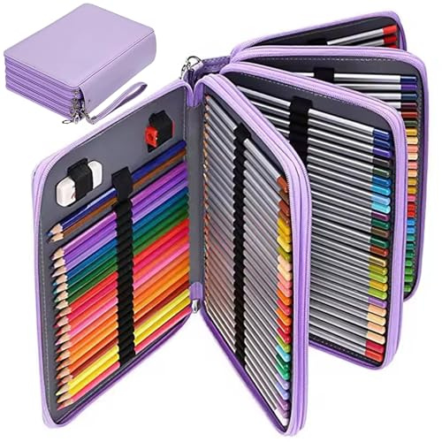 CAKEEYUM Organisateur de crayons de couleur 200 emplacements, étui à crayons en cuir PU, avec poignée pour couleur, aquarelle, art, stylo, C