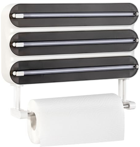 Quasziwa 4-in-1 Frischhaltefolienspender mit Küchenrollenhalter - Platzsparender Wandrollenhalter, magnetisch & ohne Bohren, Folienschneider für Frischhaltefolie & Alufolie - Saubere Schnitte, Schwarz