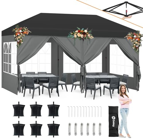 Sekey One-Touch Pop Up Pavillon 3x6 mit Seitenteile, Partyzelt Faltpavillon 3x6m Wasserdicht Stabil, Vereinfachte Installation in 1 Minute, Schwarz und Grau