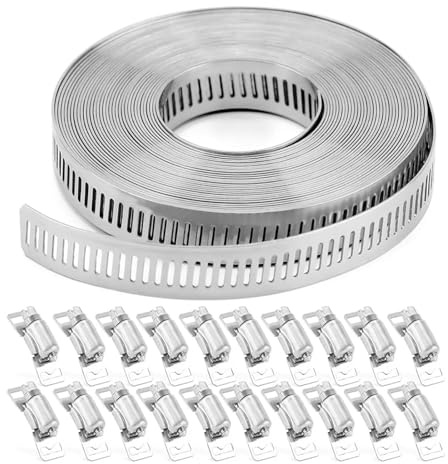 Fascette stringitubo 20FT cinturino in metallo + 20 elementi di fissaggio Fascette a fascia in acciaio inossidabile tagliabili su misura fai da te regolabili a vite senza fine grande