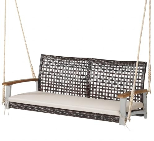 SOARS Hängebank Outdoor 2-Sitzer, Hängebank aus PE-Rattan mit Kissen & Akazienholz-Armlehnen, Gartenschaukel zum Aufhängen bis 360 kg Belastbar, Schaukelbank Gartenbank für Balkon, Terrasse (Weiß)