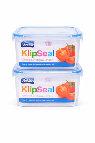 Candid Styles 2 Pack 2L Airtight Food Storage Containers, Square BPA Free Plastic Clip Lock Leakproof Kitchen Storage Boxes for Fridge Freezer Microwave