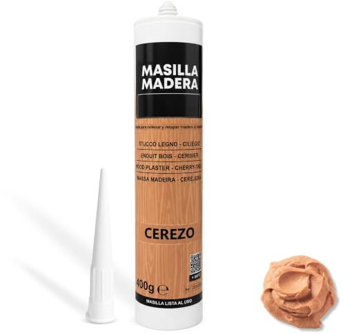 Masilla Madera Cerezo, Ideal para rellenar y y reparar madera al interior, Masilla lista al uso, Rellenadora de agujeros, Formato cartucho para pistola, Color Cerezo, Contiene 400 gramos