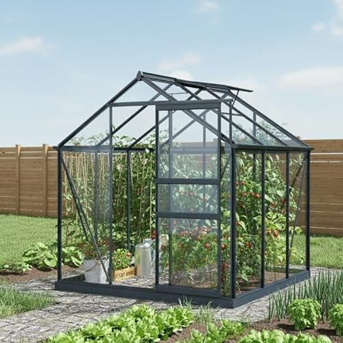 Green Protect Serre de Jardin Rinca 3,5m² | Aluminium Anthracite et Verre Trempé 4mm | Embase Acier Galvanisé Incluse | Lucarne Ventilation | Gouttières Intégrées