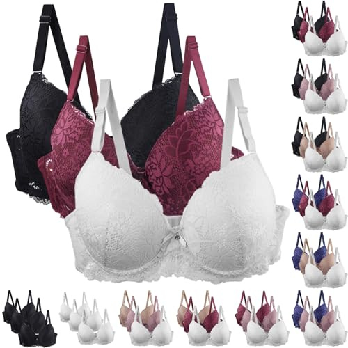 Générique Lot de 3 Soutien-Gorge en Dentelle sans Couture Femme Push Up Rembourré Brassière Confortable avec Armatures Discrètes Lingerie Féminine et Élégante pour Sortie Soirée et Travail Quotidien