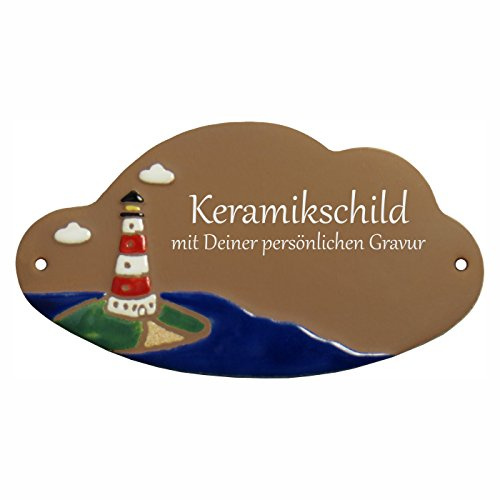 Handarbeit aus Schleswig-Holstein Keramikschild 18,0 x 9,5 cm Rot-Weißer Leuchtturm (braun)