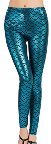 Minetom Femme Fille Sexy Ecailles Poisson Doux Leggings Taille Haute Skinny Pantalon Carnival Costume Bleu M