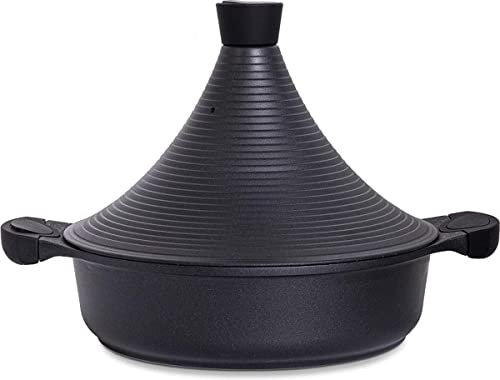 Marmite à tajine marocaine, avec couvercle en aluminium auto-verseur | Revêtement antiadhésif | 28 cm | Compatible four à induction (Noir, noir mat) Agidium tajine en aluminium