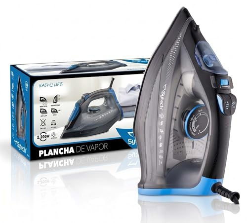 plancha de vapor, 2200w., suela ceramica, antical, antigoteo, azul (sytech)