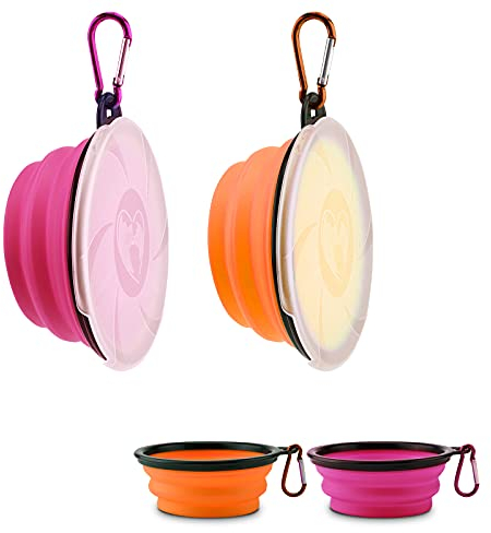 Aoliandatong 2 Stück Hundenapf Faltbar, Haustier Reisenapf mit Deckel und Haken, Tragbare Silikon Fressnapf, Hundeschüssel für Reise Spaziergänge Zwinger Camping(450ml, Orange und Pink)