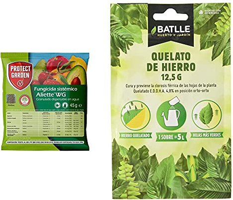 PROTECT GARDEN Fungicida Sistémico Aliette Wg, Ideal para Cesped, Coníferas Y Cítricos + Abonos - Fertilizante Quelato De Hierro sobre para 5L - Batlle