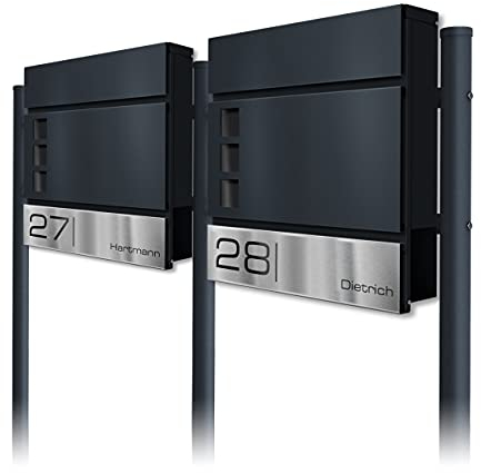 Metzler Standbriefkasten für Mehrfamilienhaus 2er in Anthrazit RAL7016 – Freistehender Doppelbriefkasten für 2 Familienhaus mit Zeitungsfach und Anthrazit Standfüße – Lesergravur – Oltmann