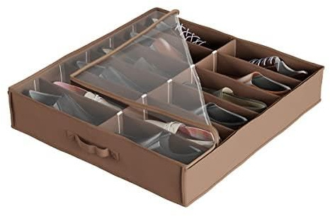 Stalwart Under Bed Shoe Storage – Set of 4 Shoe Organizers with Clear Plastic Zippered Cover – Holds 12 Pairs of Shoes Each by Everyday Home (Brown)