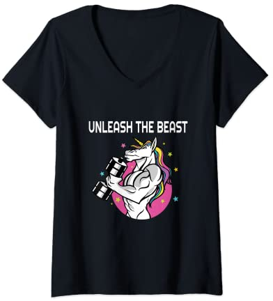 Damen Unleash The Beast – Einhorn Gym Rat Magic Sparkle Muskel T-Shirt mit V-Ausschnitt