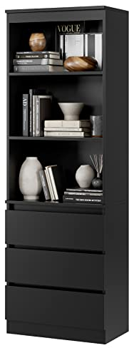 FirFurd Bücherregal mit 3 Schubladen 3 Fächern, 180 cm Hochschrank, Küchenschrank aus Holz, Mehrzweckschrank für Wohnzimmer Büro Küche, Schwarz
