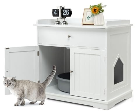 COSTWAY Meuble Litière Chat XXL 3 en 1, Cache Litière 2 Portes Avec Tiroir, Trous d'Aération Latéral, Maison de Toilette en Bois, 76 x 53 x 73,5 cm (Blanc)