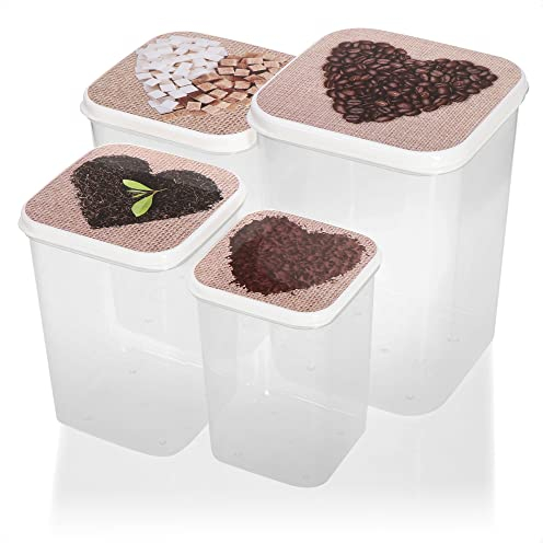 com-four® set di barattoli da 4 pezzi con coperchio - conservazione per alimenti - caffè, tè, zucchero, cioccolato - barattolo sfuso (4 parti - cuore)