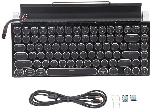KIMISS Teclado de Máquina de Escribir 83, Teclas Mecánicas Inalámbricas Bluetooth Vintage con Tapa Redonda de Metal Color de Grano de Madera (Negro)