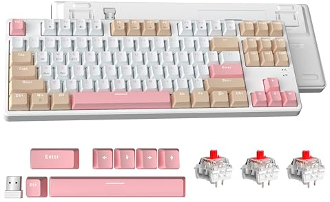 ATTACK SHARK AK871 Hot-Swap Mechanische Tastatur, QWERTY, 87 Tasten Kompakte Drahtlose Gaming-Tastatur, Dual-Modus BT/2,4G, Magnetische Abdeckung, für Mac/Windows/Android - Weiß Mit Rote Schalter