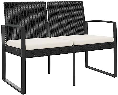 vidaXL Gartenbank, Sitzbank 2-Sitzer mit Kissen, Bank mit Armlehnen Rückenlehne, Gartenmöbel Parkbank Stahlrahmen, Schwarz PP-Rattan
