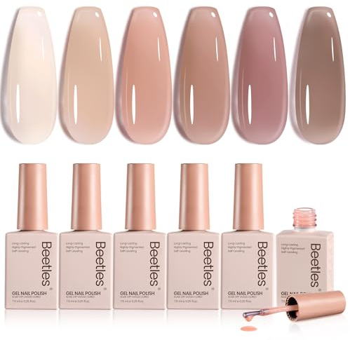 Beetles Jelly Gel Nail Polish Set, 6 Neutral Nude Colours Translucent Brown Sheer Pink Soak Off UV Gel-DIY Nail Art Manicure Gifts for Women Girls